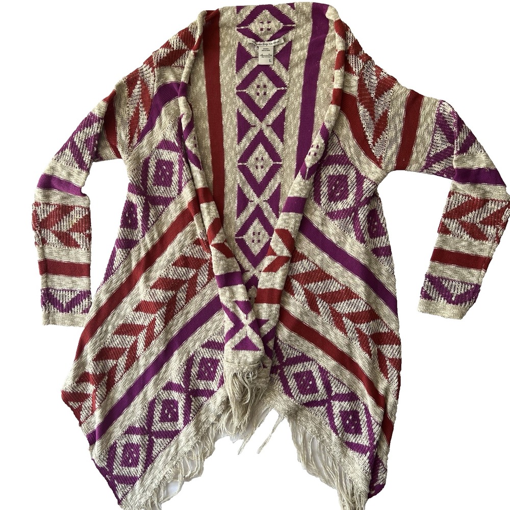 American Rag Cie Cardigan Women's Pink Orange Aztec Print Fringe Tassels Size L